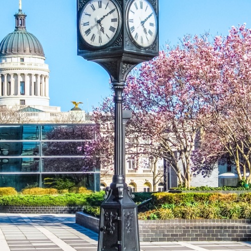 A classic street clock in a courtyard close to the Bergen County courthouse in Hackensack NJ.